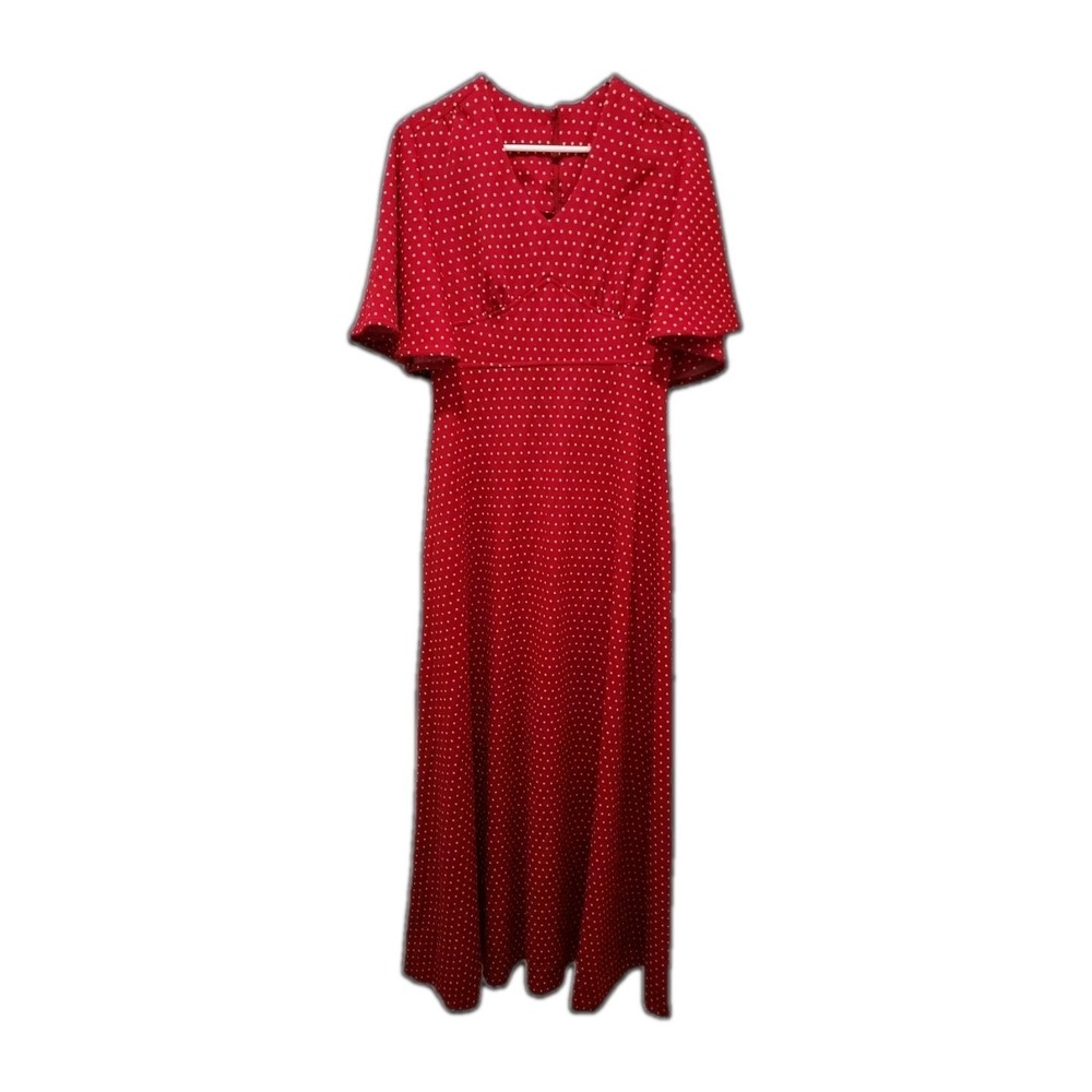 Vtg 60 70s Vicky Vaughn Junior Red Polka Dot Fit Flare Flutter Sleeve Maxi Dress
